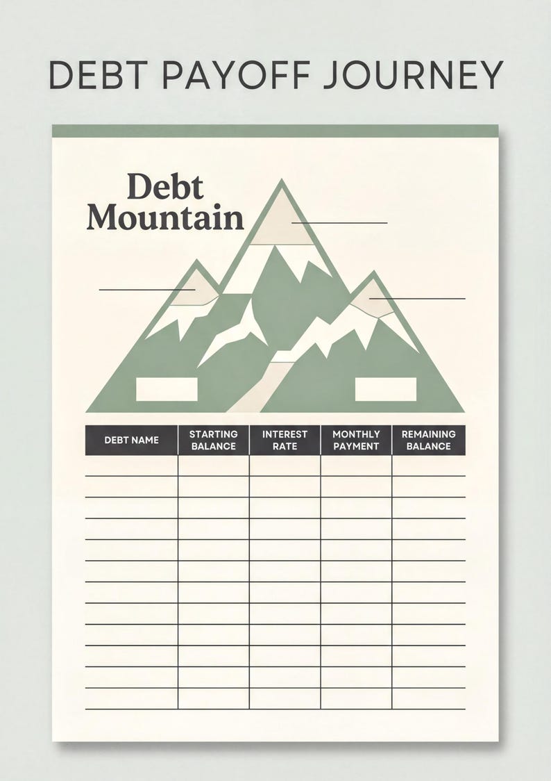The image is a Debt Payoff Journey worksheet that outlines the steps and progress of paying off a debt. It features a mountain graphic and a grid layout with columns for Debt Name, Starting Balance, Interest Rate, Monthly Payment, and Remaining Balance.