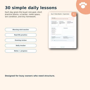The image is a 30-day daily lessons plan designed for busy owners who need structure.