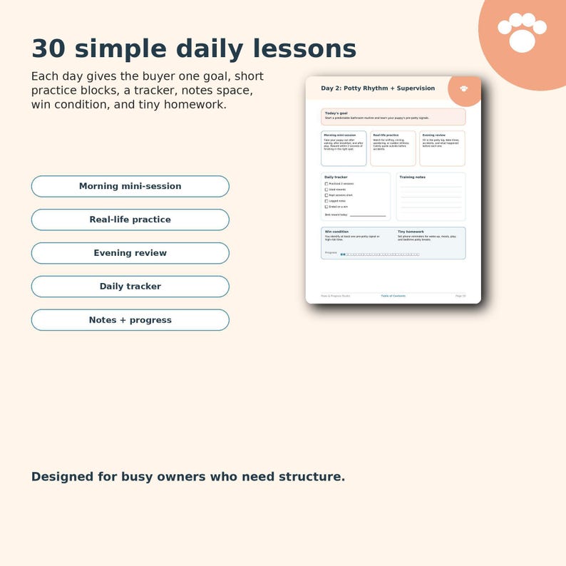 The image is a 30-day daily lessons plan designed for busy owners who need structure.