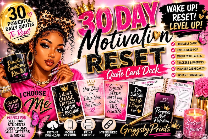 The image is a vibrant and colorful advertisement for a "30-day Motivation Reset" package. It features a woman with curly hair, wearing a leopard print headband, holding a mug and surrounded by various motivational quotes and items. The text highlights the benefits of the package, such as daily quotes, a quote card deck, and a mobile-friendly version. The overall design is visually appealing and encourages the viewer to take action and reset their mindset.
