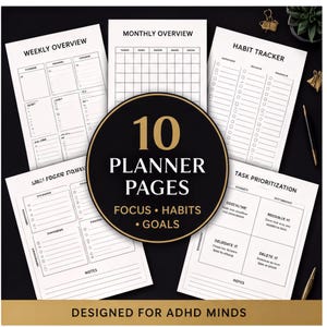 The image is a collection of 10 different planners, each with various sections and features designed for individuals with ADHD minds.