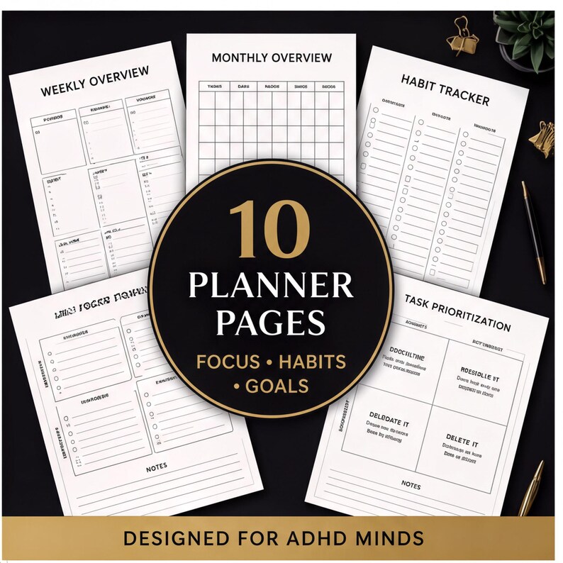 The image is a collection of 10 different planners, each with various sections and features designed for individuals with ADHD minds.
