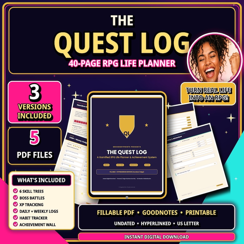 The image is an advertisement for a 40-page RPG life planner called "The Quest Log". It features a woman with a joyful expression, along with various features and benefits of the planner, such as 3 versions included, 5 PDF files, and a list of what's included.