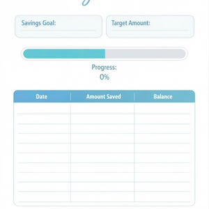 The image is a savings tracker form with a progress bar and a list of columns for tracking savings.