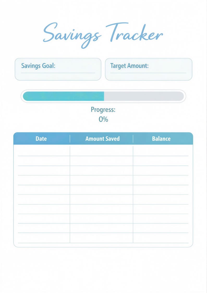 The image is a savings tracker form with a progress bar and a list of columns for tracking savings.