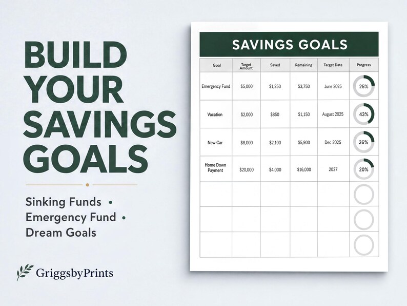 The image is a poster with a list of savings goals and a progress chart. The poster includes text that says "BUILD YOUR SAVINGS GOALS" and "SINKING FUNDS" along with other phrases like "Emergency Fund" and "Dream Goals". The poster also includes a progress chart with various goals such as "Saved", "Remaining", "Target", and "Progress" for different savings targets.