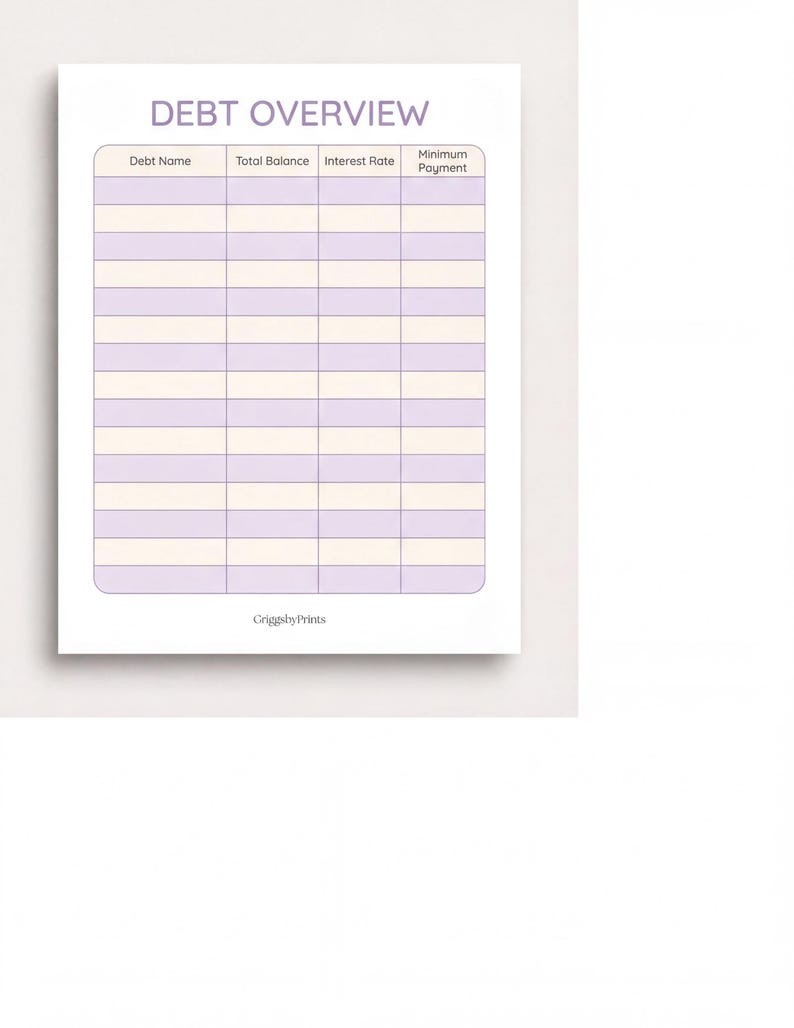 The image is a Debt Overview form with a blank space for the user to fill in the details of their debt, including the Debt Name, Total Balance, Interest Rate, and Monthly Payment.