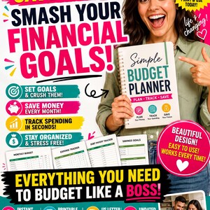 The image is a colorful advertisement for a budget planner, featuring a smiling woman holding the book and pointing to it. The text on the image emphasizes the importance of taking control of one's financial goals and the benefits of using the budget planner, such as setting goals, saving money, and staying organized. The image also includes a collage of people and text, suggesting a social aspect to the product.