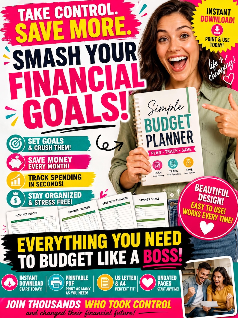 The image is a colorful advertisement for a budget planner, featuring a smiling woman holding the book and pointing to it. The text on the image emphasizes the importance of taking control of one's financial goals and the benefits of using the budget planner, such as setting goals, saving money, and staying organized. The image also includes a collage of people and text, suggesting a social aspect to the product.