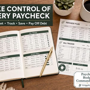a book titled "Take Control of Every Paycheck" with a focus on budgeting, tracking, and saving. The book is open and filled with various financial information, including a bill tracker and a savings goals section. The book is placed on a wooden surface, and there are two cups of coffee nearby.