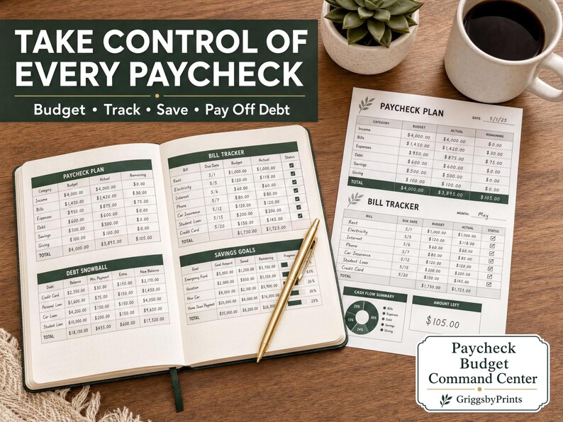 a book titled "Take Control of Every Paycheck" with a focus on budgeting, tracking, and saving. The book is open and filled with various financial information, including a bill tracker and a savings goals section. The book is placed on a wooden surface, and there are two cups of coffee nearby.