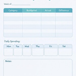 The image is a weekly budgeting template that includes a table for tracking daily spending and a section for notes. The template is designed to help individuals manage their finances by recording their expenses and any differences between the budgeted amounts and actual amounts.