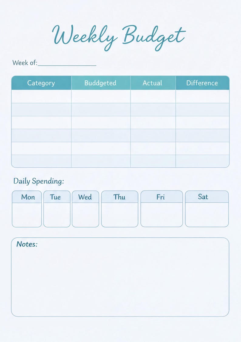 The image is a weekly budgeting template that includes a table for tracking daily spending and a section for notes. The template is designed to help individuals manage their finances by recording their expenses and any differences between the budgeted amounts and actual amounts.