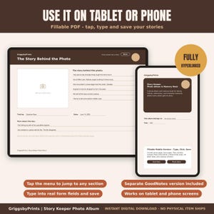 The image is a tablet or phone displaying a storykeeping app with a photo album and a list of stories. The app allows users to add photos and create a photo album with the help of the Story Keeper Photo Album feature. The app also provides a separate GoodNotes version included with the app, which can be accessed on a tablet or phone screen. The app allows users to jump to any section, type into real-form fields, and save their stories. The app is fully hyped and ready for use.