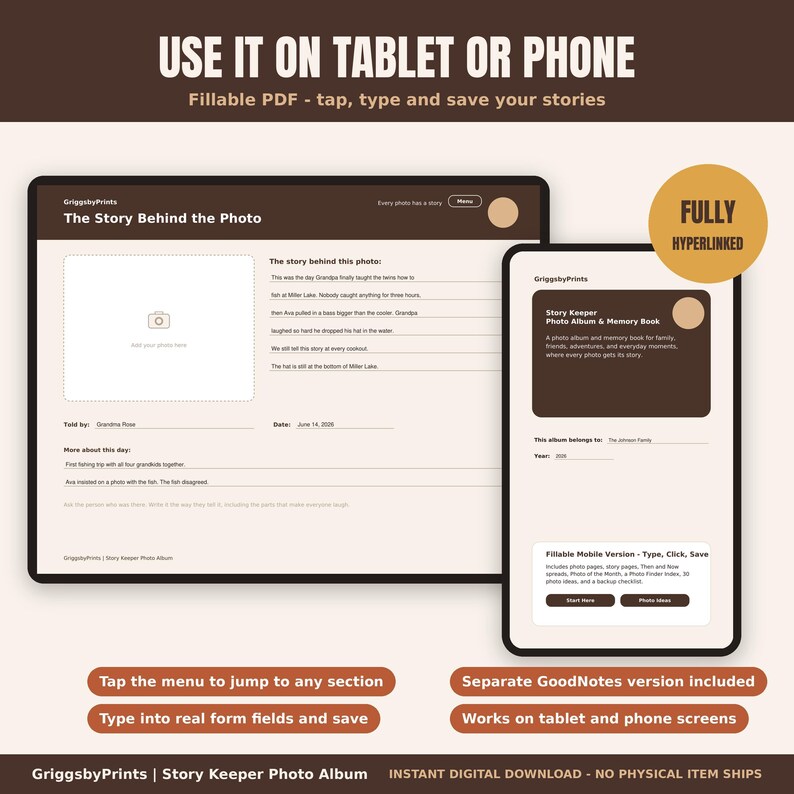 The image is a tablet or phone displaying a storykeeping app with a photo album and a list of stories. The app allows users to add photos and create a photo album with the help of the Story Keeper Photo Album feature. The app also provides a separate GoodNotes version included with the app, which can be accessed on a tablet or phone screen. The app allows users to jump to any section, type into real-form fields, and save their stories. The app is fully hyped and ready for use.
