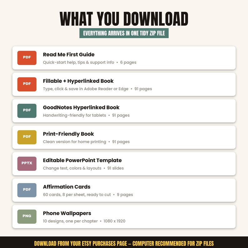 The image is a list of various zip files that contain different types of files, such as guides, books, PowerPoint templates, and Affirmation Cards.