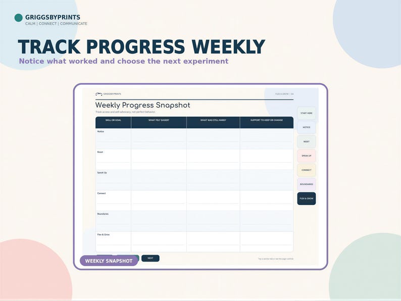 The image is a screenshot of a weekly progress snapshot form from GrigsbyPrints, which is used to track progress and notice what worked and choose the next experiment.