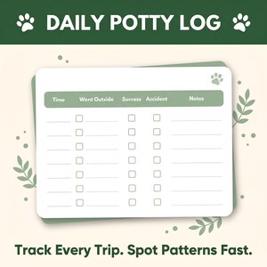 The image is a daily potty log with a green background and a paw print symbol. The log has a list of categories such as "Time", " Went Outside", "Success", "Accident", and "Notes", with blank spaces for filling in the details of each occurrence. The text at the bottom of the image encourages the user to "Track Every Trip. Spot Patterns Fast."