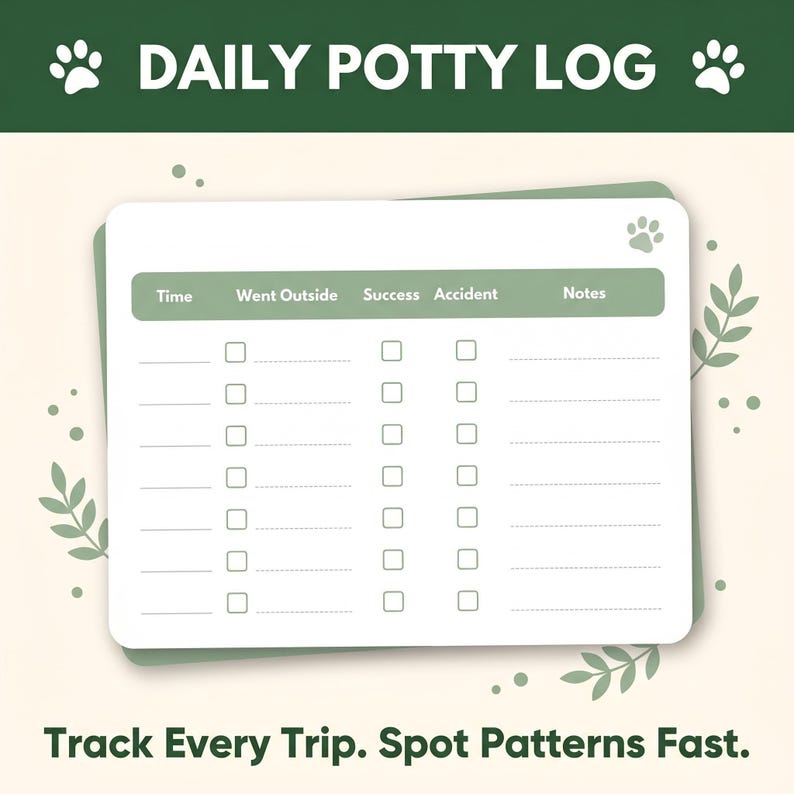 The image is a daily potty log with a green background and a paw print symbol. The log has a list of categories such as "Time", " Went Outside", "Success", "Accident", and "Notes", with blank spaces for filling in the details of each occurrence. The text at the bottom of the image encourages the user to "Track Every Trip. Spot Patterns Fast."