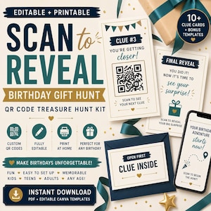 May include: A birthday gift hunt kit with the text "SCAN to REVEAL" and "BIRTHDAY GIFT HUNT". Includes clue cards, a smartphone, and an envelope with "CLUE INSIDE". The kit is designed for fun, easy setup, and memorable birthdays for all ages.