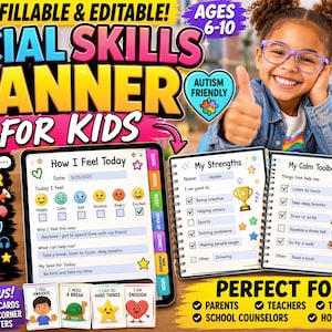 The image is a colorful advertisement for a social skills planner designed for kids. It features a smiling young girl with glasses, who appears to be happy and engaged with the content. The layout includes various elements such as a title, a list of features, and a description of the planner. The overall design is vibrant and visually appealing, with a focus on the social skills aspect of the product.