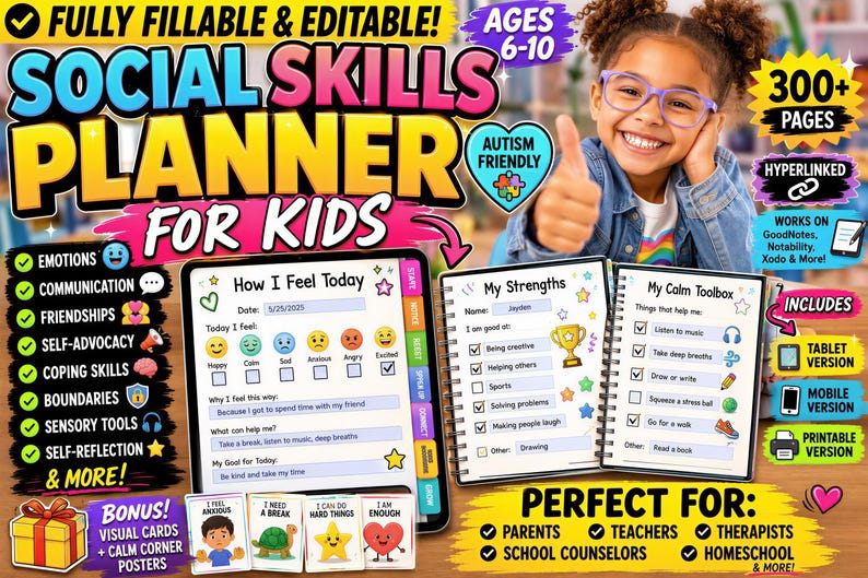 The image is a colorful advertisement for a social skills planner designed for kids. It features a smiling young girl with glasses, who appears to be happy and engaged with the content. The layout includes various elements such as a title, a list of features, and a description of the planner. The overall design is vibrant and visually appealing, with a focus on the social skills aspect of the product.