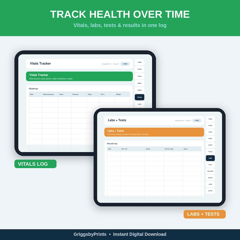 The image is a promotional graphic for a health tracking app that allows users to log their vital signs, lab results, and tests in one place. The app displays two different screens, one with a green Vital Tracker icon and the other with an orange Labs + Tests icon, indicating the different sections of the app.