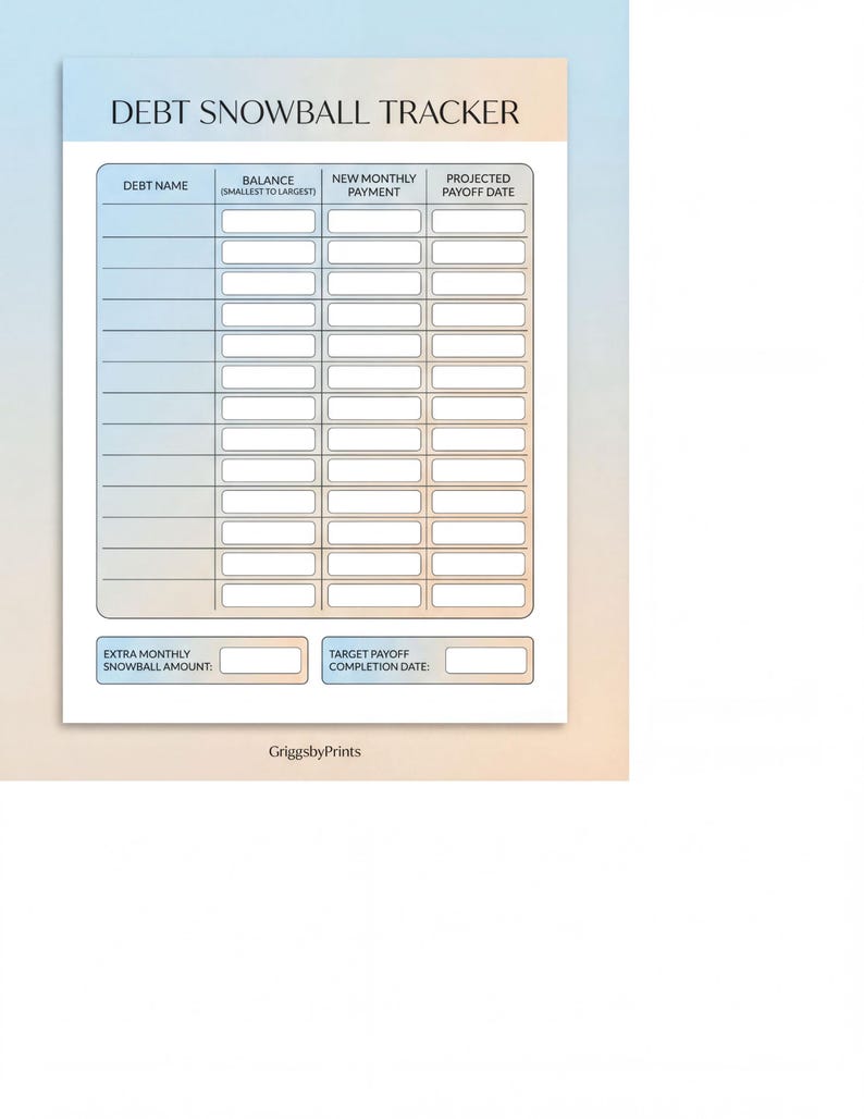 The image is a printed document titled "DEBT SNOWBALL TRACKER" that provides a guide for tracking and managing debt payments.