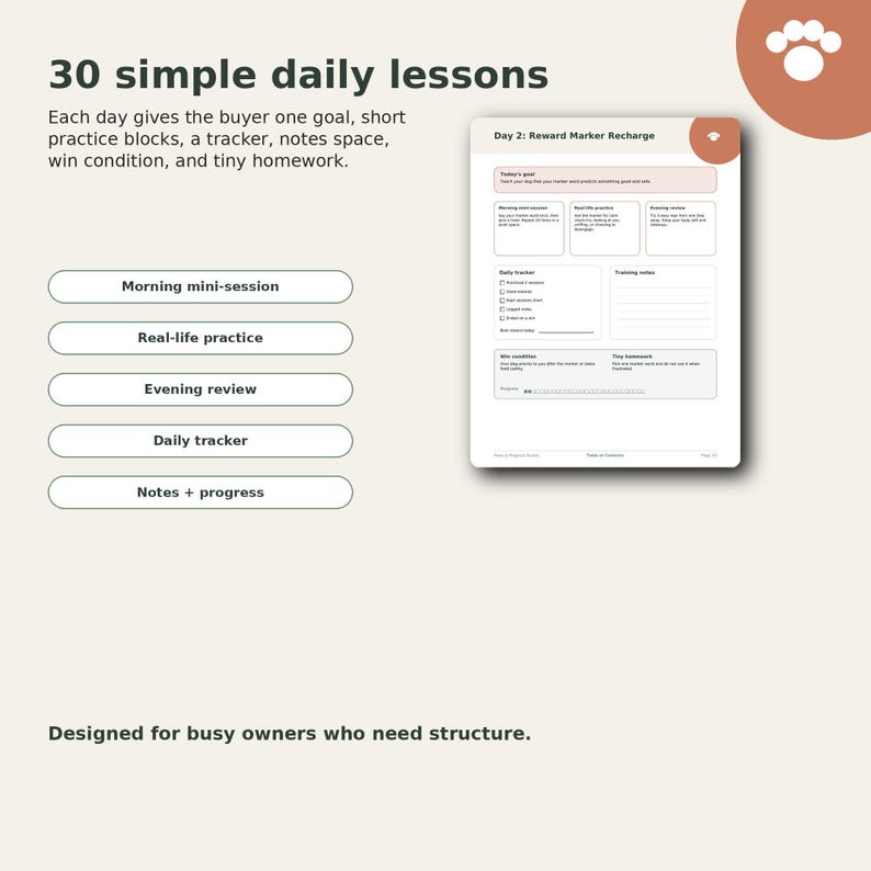 The image is a 30-day reward marker exchange plan designed for busy owners who need structure.