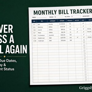 The image is a Monthly Bill Tracker from Griggsby Prints, which is a tool to help users track due dates, automatic payments, and other financial information for their bills.