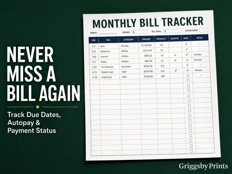 The image is a Monthly Bill Tracker from Griggsby Prints, which is a tool to help users track due dates, automatic payments, and other financial information for their bills.
