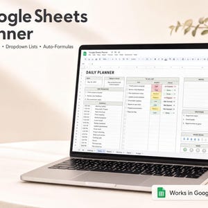 a laptop with a Google Sheets planner open on its screen. The laptop is placed on a table, and there is a plant in the background. The image does not contain any text, and it does not depict a collage of multiple images. The focus is on the laptop and the Google Sheets planner displayed on its screen.