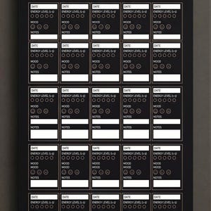 The image is a visual grid and daily log form with a black background, featuring a series of numbered boxes and circles for recording energy levels and mood notes.