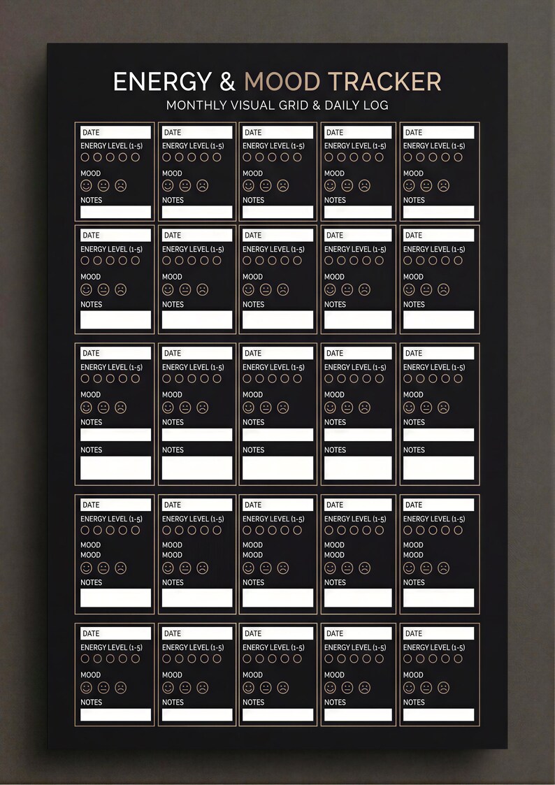 The image is a visual grid and daily log form with a black background, featuring a series of numbered boxes and circles for recording energy levels and mood notes.
