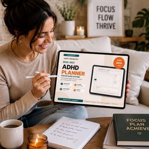 A woman is sitting on a couch, holding a tablet displaying an ADHD planner, with a notebook and a candle on a coffee table in front of her.