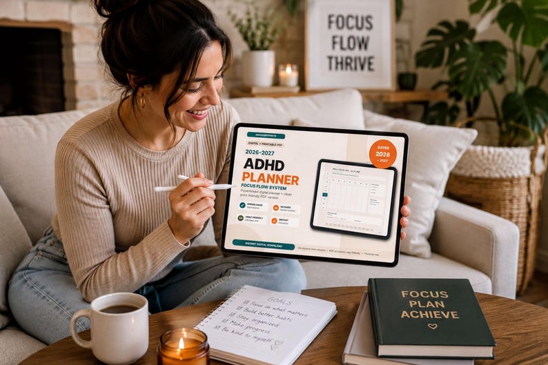 A woman is sitting on a couch, holding a tablet displaying an ADHD planner, with a notebook and a candle on a coffee table in front of her.