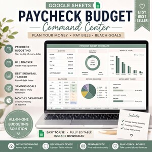 The image is an advertisement for a Google Sheet budget management tool called "Paycheck Budget Command Center". It features a laptop displaying the Google Sheet budget dashboard, along with various budget tracking and management tools such as a bill tracker, expense tracker, and savings goals calculator. The advertisement highlights the convenience and efficiency of the tool, which allows users to plan, budget, and track their finances with ease.