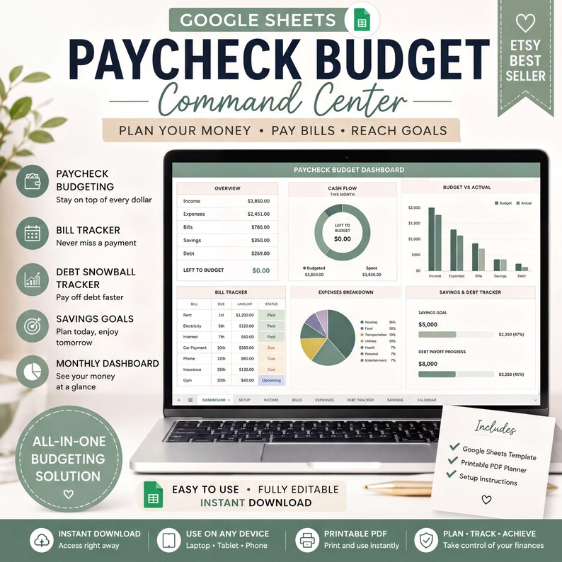 The image is an advertisement for a Google Sheet budget management tool called "Paycheck Budget Command Center". It features a laptop displaying the Google Sheet budget dashboard, along with various budget tracking and management tools such as a bill tracker, expense tracker, and savings goals calculator. The advertisement highlights the convenience and efficiency of the tool, which allows users to plan, budget, and track their finances with ease.