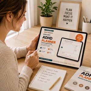 A woman is sitting at a desk, looking at a tablet computer displaying an ADHD planner. She is surrounded by various office supplies and a potted plant, creating a productive workspace.