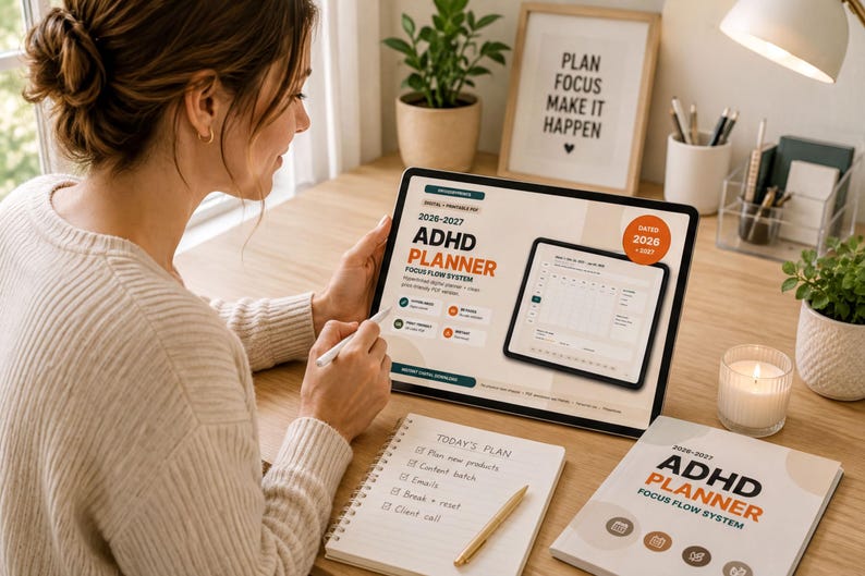 A woman is sitting at a desk, looking at a tablet computer displaying an ADHD planner. She is surrounded by various office supplies and a potted plant, creating a productive workspace.