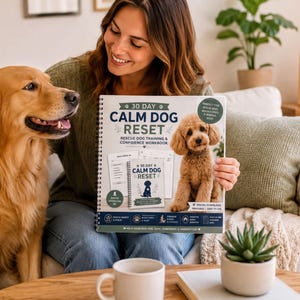 A woman sits on a couch with a golden retriever dog, holding a book titled "30 Day Calm Dog Reset: Rescue your dog, train your rescue, and enjoy the journey".