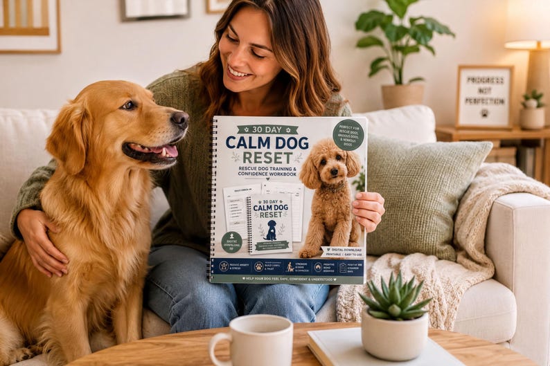 A woman sits on a couch with a golden retriever dog, holding a book titled "30 Day Calm Dog Reset: Rescue your dog, train your rescue, and enjoy the journey".