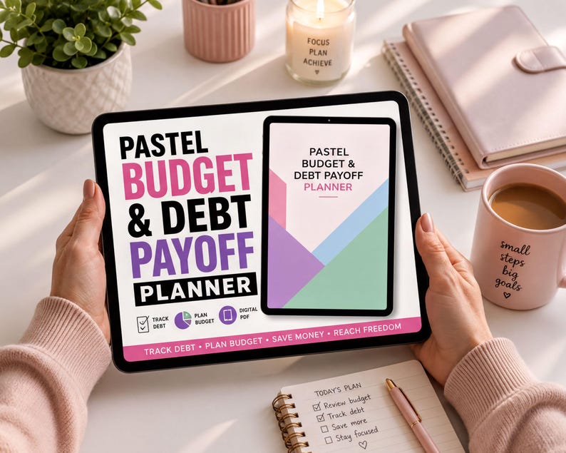 A person is holding a tablet displaying the title "PASTEEL BUDGET & DEBT PAYOFF PLANNER" with a colorful design. The tablet is placed on a table with various items such as a notebook, a mug, and a candle.