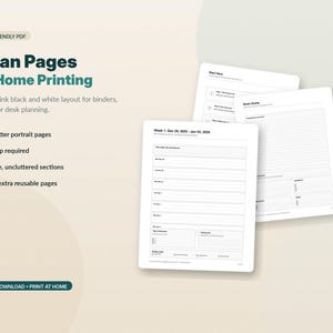 The image is a promotional graphic for a digital printable home page template that includes a clean layout for home printing. It features a clean, minimalistic layout with a white background and black text. The template includes features such as US Letter portrait pages, no app required, simple, uncluttered sections, and the ability to print extra reusable pages. The template is designed to be user-friendly and efficient for home printing.