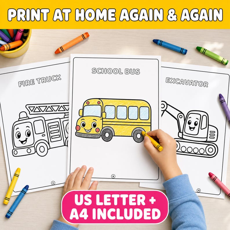 a child's hands drawing and coloring a worksheet with various cartoon-style vehicles, including a fire truck, school bus, and excavator.