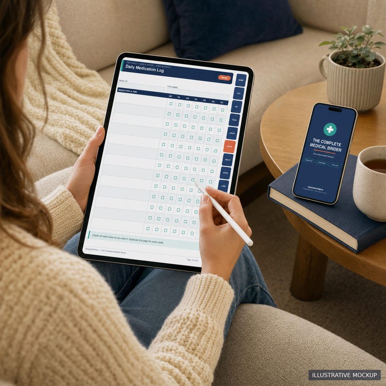 A person is sitting on a couch, holding a tablet device and writing on it, with a smartphone displaying a medical app on a table next to them.