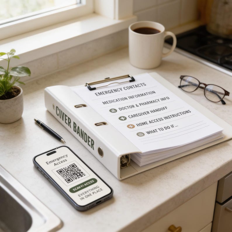 a clipboard with emergency contact information, a smartphone displaying an emergency access QR code, a coffee cup, a pair of glasses, and a plant on a kitchen counter.