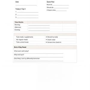 The image is a daily ADHD reset plan that includes a focus on simplicity and resilience. It is a quick plan that outlines the top three activities to be done each day, with a note that there may be time for other tasks. The plan also includes time blocks for meals, exercise, and relaxation. The plan encourages taking medications, drinking water, and checking in with a doctor. The plan concludes with a reflection on the day's events and a question about what went well and what could be improved.