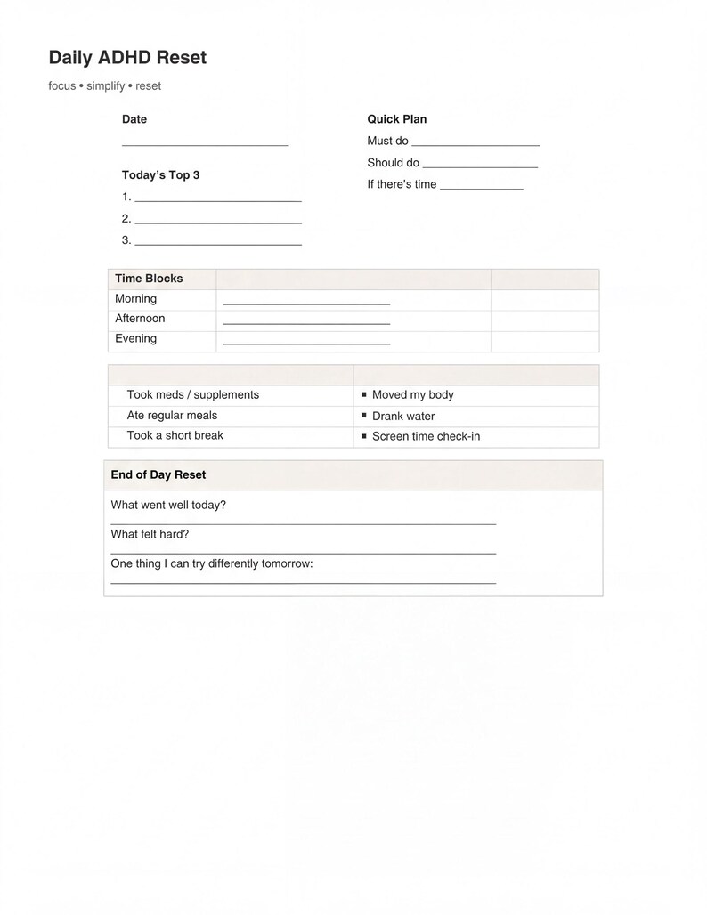The image is a daily ADHD reset plan that includes a focus on simplicity and resilience. It is a quick plan that outlines the top three activities to be done each day, with a note that there may be time for other tasks. The plan also includes time blocks for meals, exercise, and relaxation. The plan encourages taking medications, drinking water, and checking in with a doctor. The plan concludes with a reflection on the day's events and a question about what went well and what could be improved.