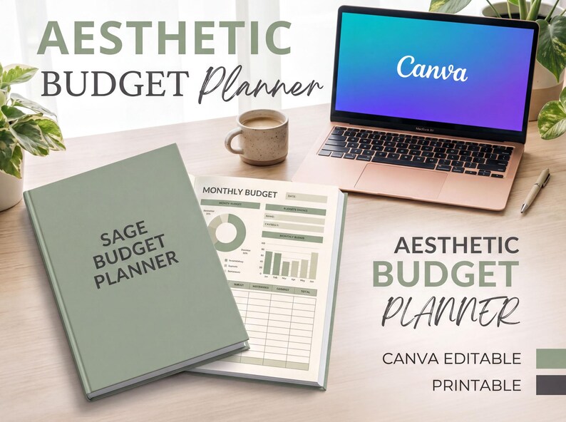 a workspace with a laptop, a notebook, and a plant. The laptop has a "Canva" logo on its screen, indicating that the image is a collage of multiple images. The notebook is titled "Sage Budget Planner" and has a "Monthly Budget" page. The plant adds a touch of greenery to the workspace. The text "Aesthetic Budget Planner" and "Canva Editable PRINTABLE" suggests that the image is promoting a budgeting app or tool.